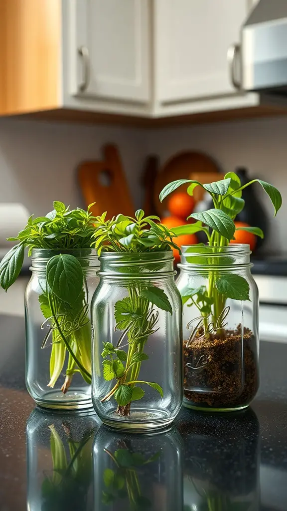 15 Stunning Indoor Flower Pot Ideas for Your Home 12 Three mason jars planted with green herbs on a kitchen countertop.