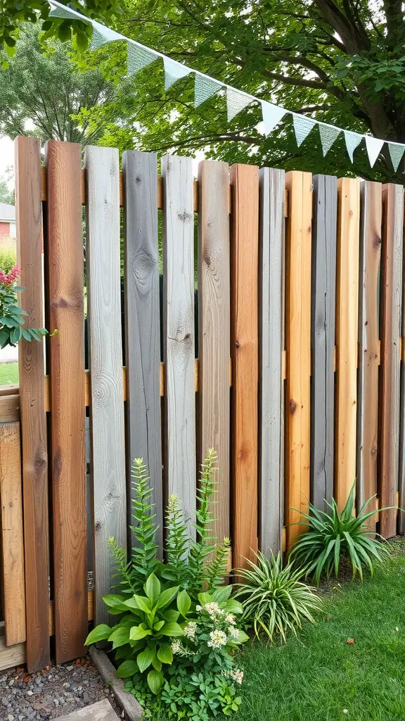 15 Affordable Fence Ideas for Your Backyard 4 A mix of wooden pallets creating a colorful fence in a garden setting.