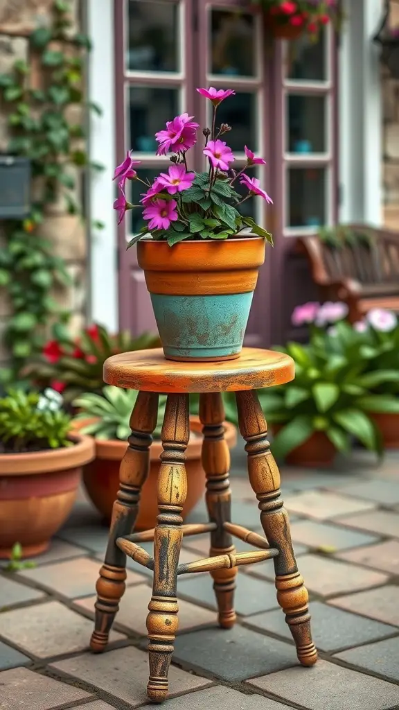 17 Creative Plant Stand Ideas to Elevate Your Greenery 4 A wooden stool holds a potted plant with pink flowers, surrounded by greenery and a cozy outdoor setting.