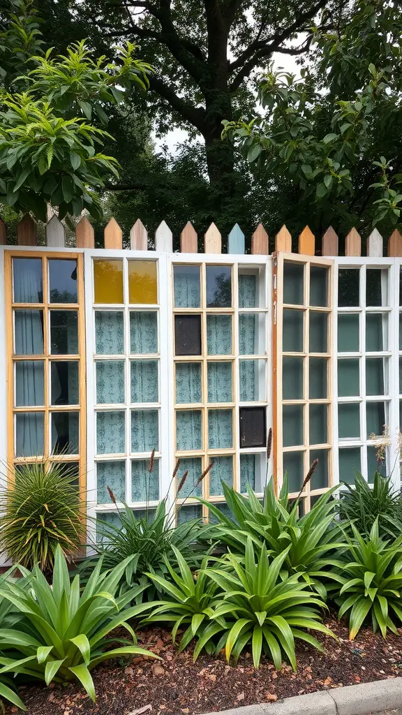 15 Creative DIY Privacy Fence Ideas for Your Backyard 12 A colorful fence made of repurposed windows surrounded by greenery.