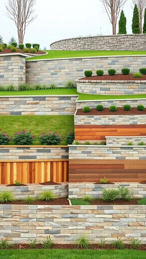 19 Stunning Retaining Wall Ideas for Your Front Yard 9 A tiered retaining wall featuring a combination of stone and wood materials, surrounded by greenery and colorful plants.