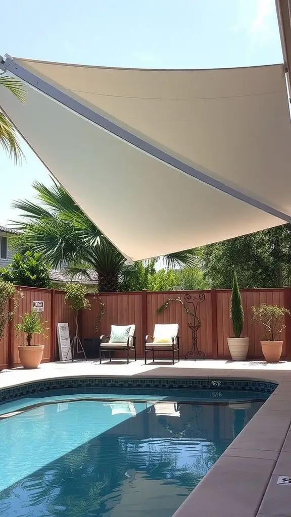 21 Creative Pool Equipment Enclosure Ideas for Your Backyard 17 A modern retractable awning over a poolside area, with two chairs and surrounding greenery.