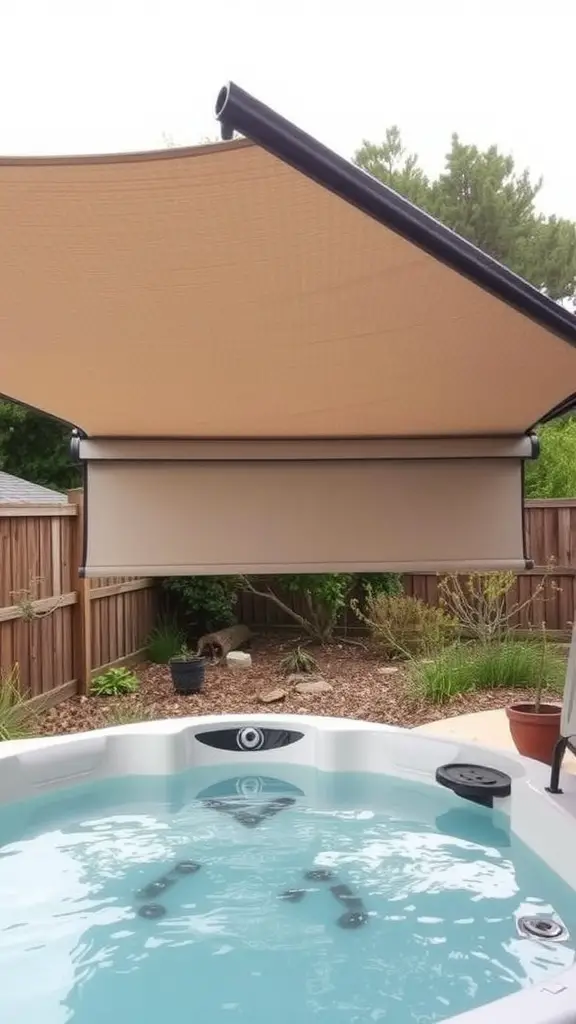 19 Creative Hot Tub Privacy Ideas for Ultimate Relaxation 12 A retractable awning over a hot tub providing shade and privacy