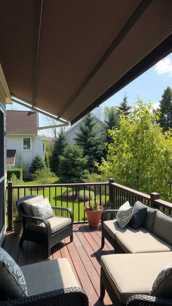 19 Creative Deck with Roof Ideas for Your Outdoor Space 4 A deck with a retractable canopy providing shade over cozy seating.