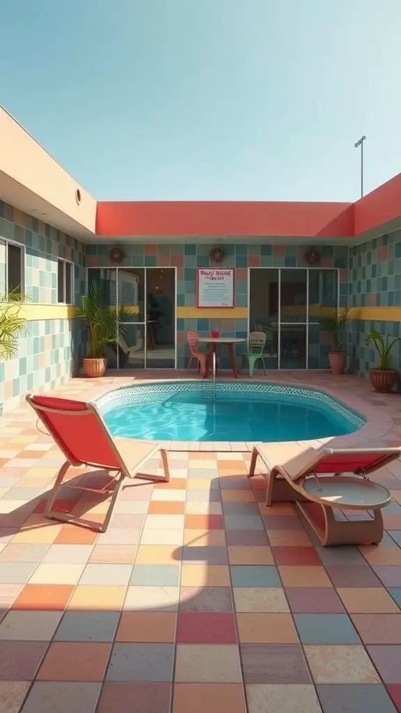 19 Creative Small Pool Design Ideas for Your Backyard 15 A small retro-inspired pool surrounded by colorful tiles and lounge chairs.