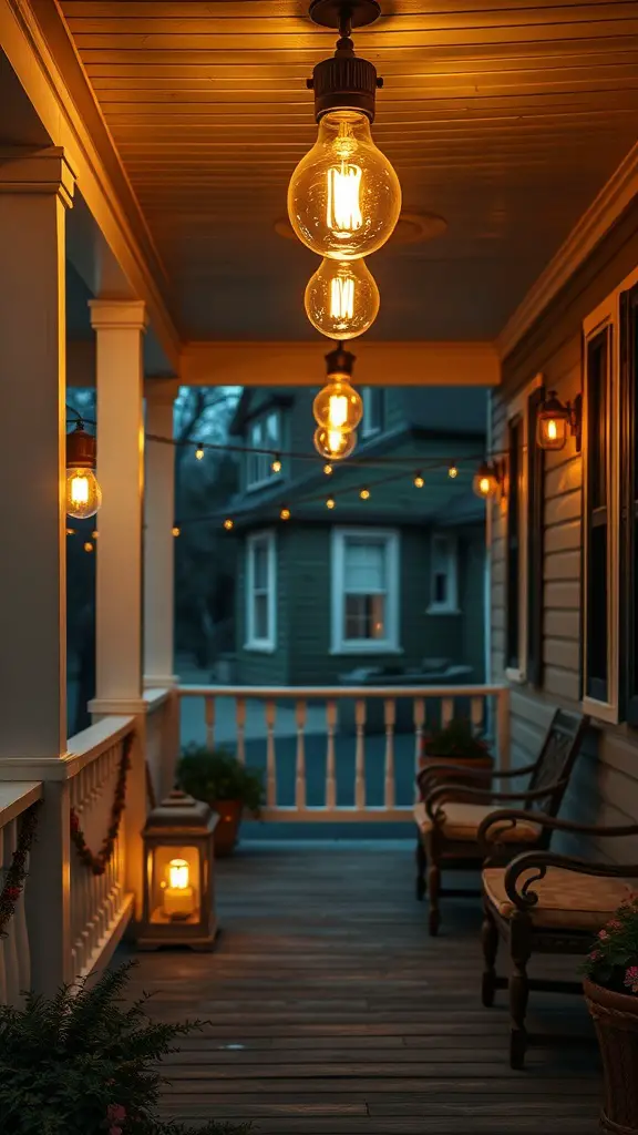 21 Creative Porch Light Ideas to Beautify Your Entryway 14 A porch with retro light bulbs hanging from the ceiling, creating a warm glow.
