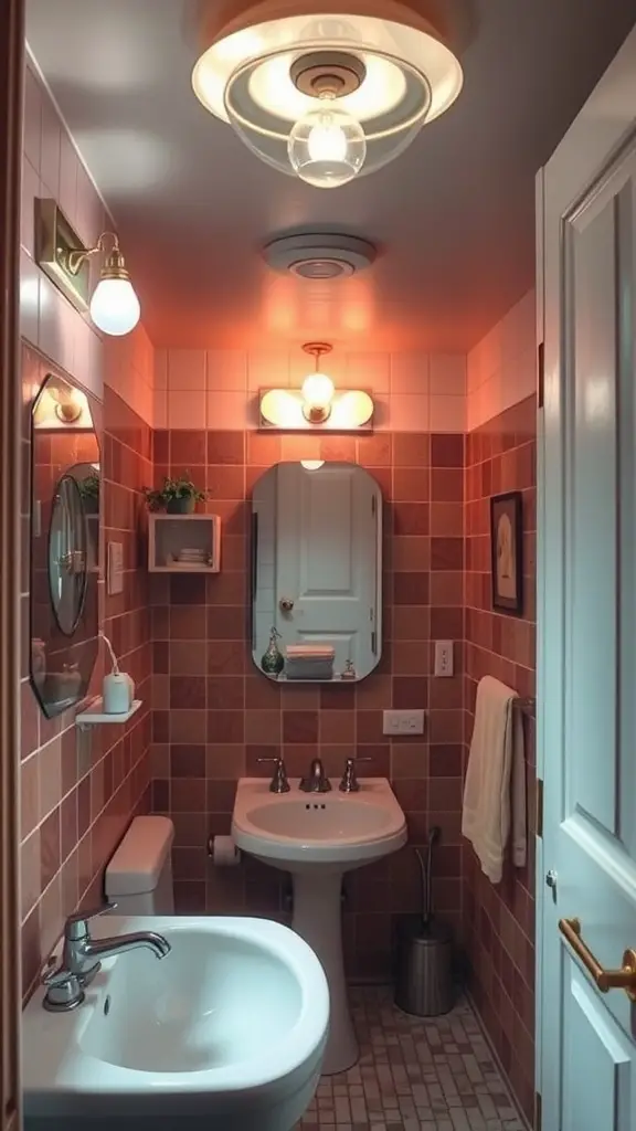 15 Fabulous 70s Bathroom Aesthetic Ideas to Inspire Your Renovation 2 A cozy 70s style bathroom with retro light fixtures and warm colors.