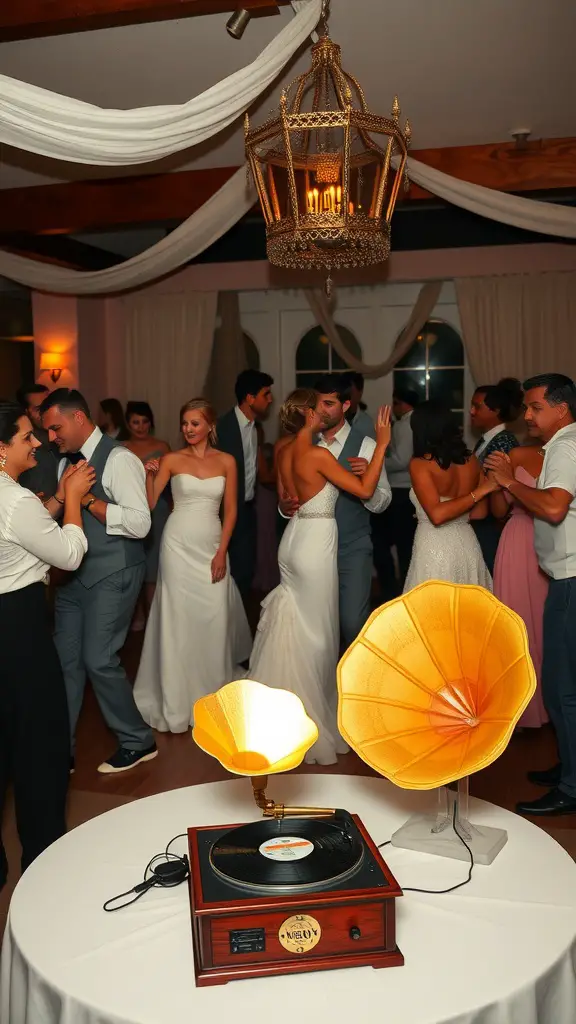 27 Enchanting Vintage Wedding Theme Ideas to Inspire Your Big Day 11 Guests dancing at a vintage wedding with gramophones as decor