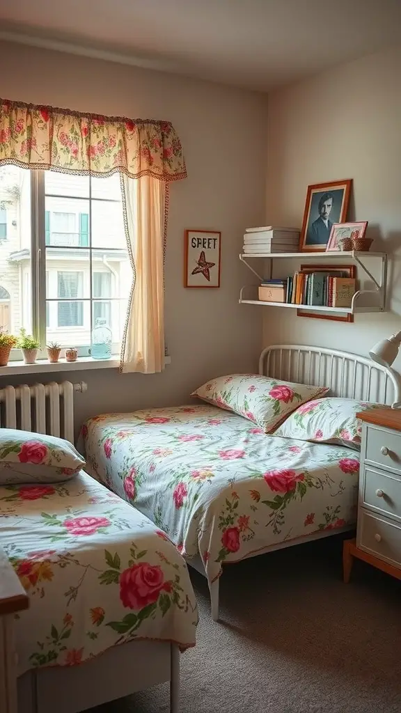 23 Trendy Dorm Bedding Ideas for a Stylish Space 9 A cozy dorm room with floral bedding, vintage furniture, and warm lighting.