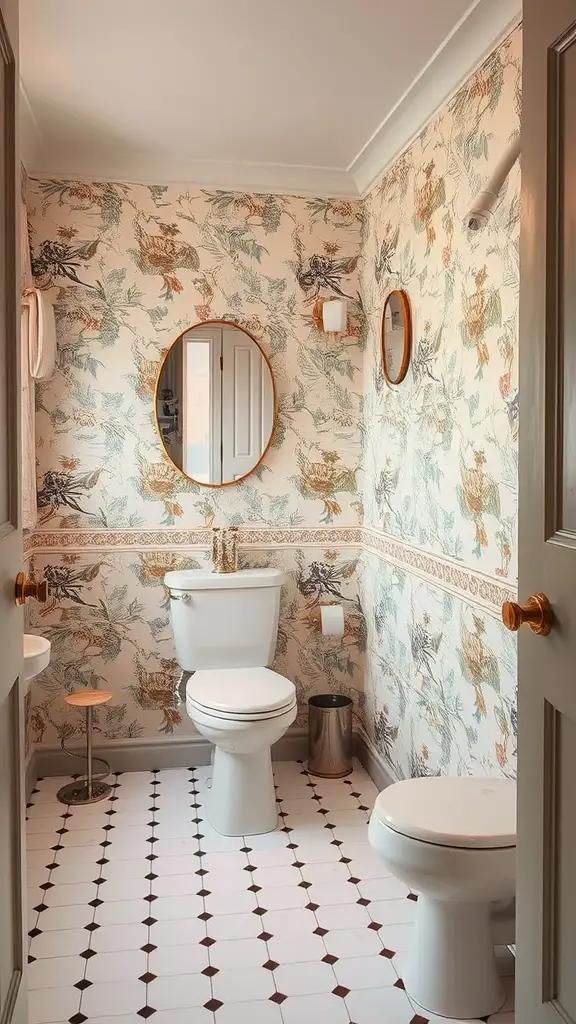 29 Funky Bathroom Ideas to Transform Your Space 15 A bathroom with retro wallpaper featuring soft colors and intricate patterns, complemented by circular mirrors and modern fixtures.