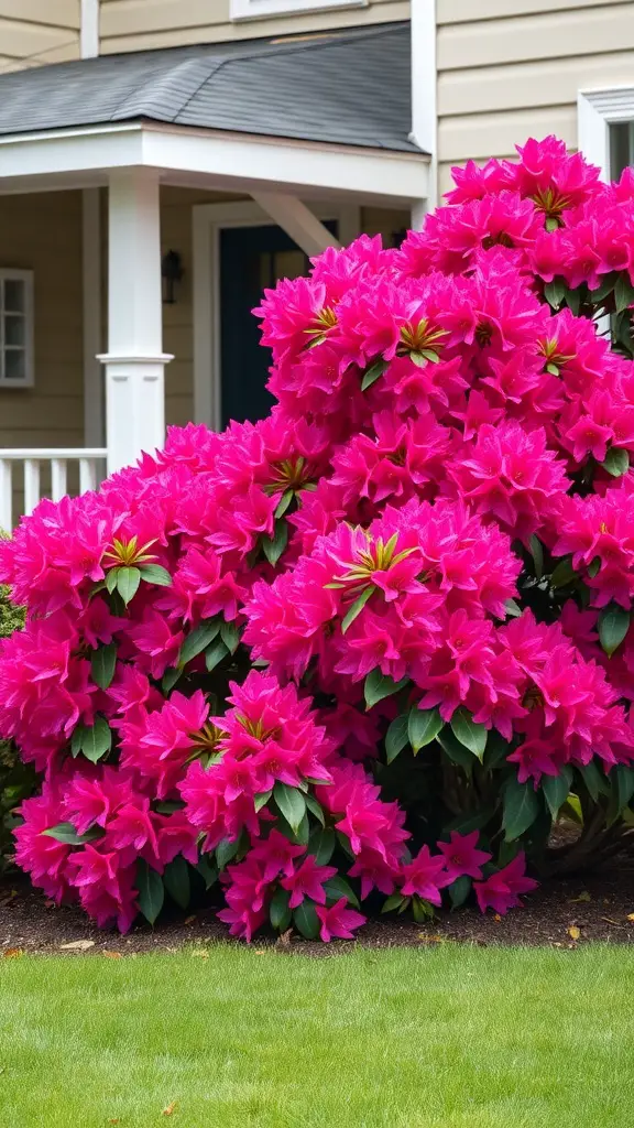 A vibrant pink rhododendron bush in front of a house