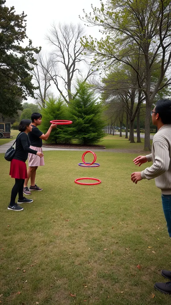 23 Fun Outdoor Party Games for Unforgettable Gatherings 15 Group of friends playing ring toss with colorful rings in a park