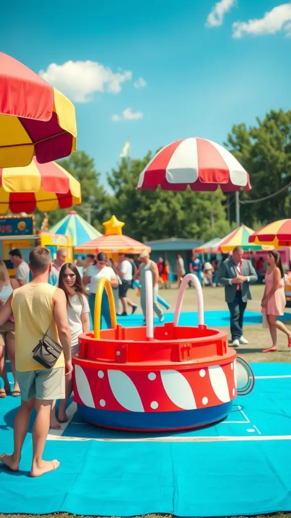 25 Enchanting Outdoor Fairy Garden Ideas to Inspire Your Creativity 28 A colorful ring toss game at an outdoor event with umbrellas and people engaging in the game.