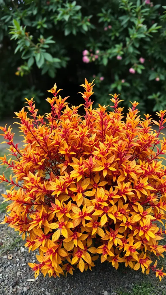 23 Stunning Flowering Shrubs to Transform Your Garden 11 Colorful barberry shrub with vibrant yellow, orange, and red leaves in a garden setting.