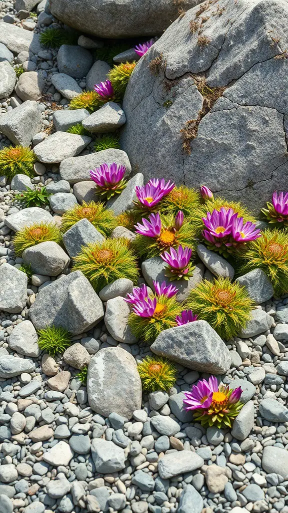 A rock garden featuring alpine flowers with pink blooms among gray stones and pebbles.
