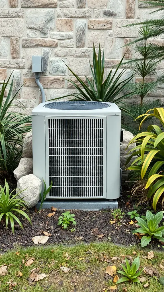 15 Creative Outdoor Ideas for AC Unit Covers 2 An outdoor AC unit surrounded by rocks and plants
