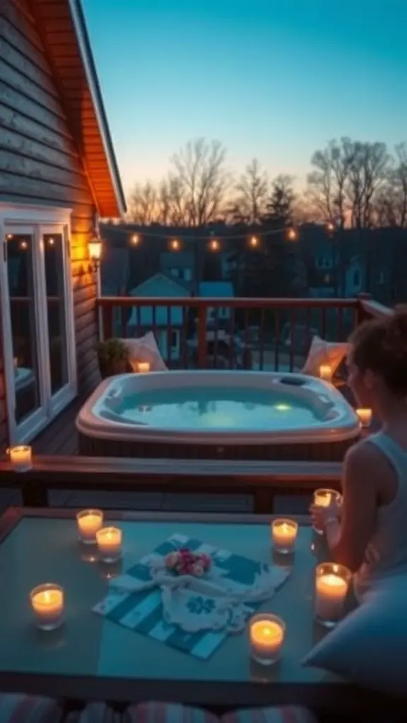 A romantic deck with a hot tub surrounded by candles at sunset.