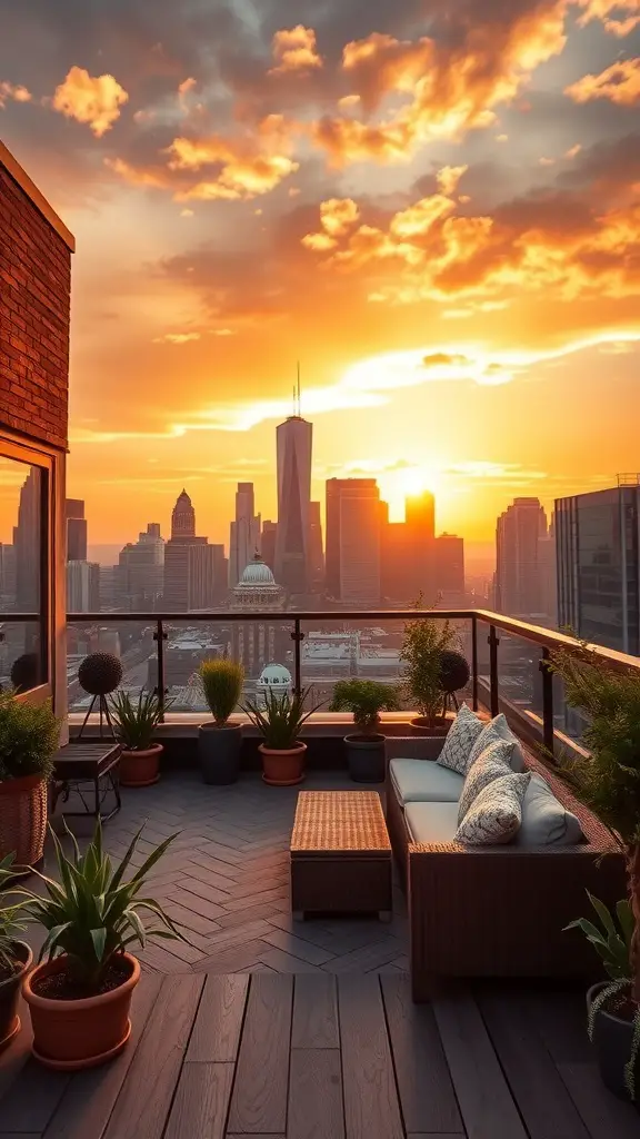 17 Stunning Modern Deck Ideas for Your Outdoor Space 9 A beautiful rooftop terrace with comfortable seating, planters, and a stunning sunset view over the city skyline.