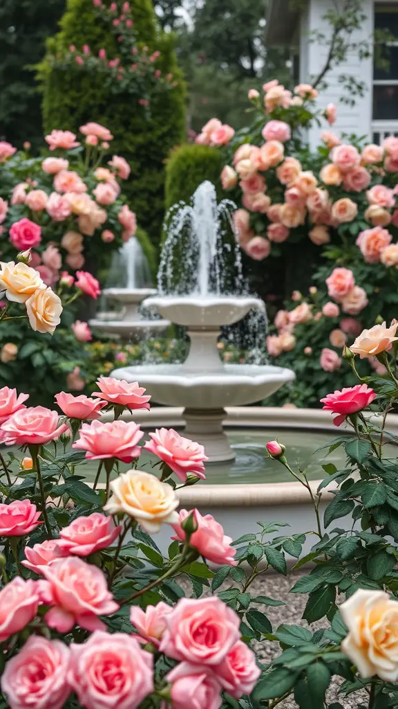 29 Stunning Rose Garden Ideas to Elevate Your Outdoor Space 4 A rose garden featuring a fountain centerpiece with pink and peach roses surrounding it.