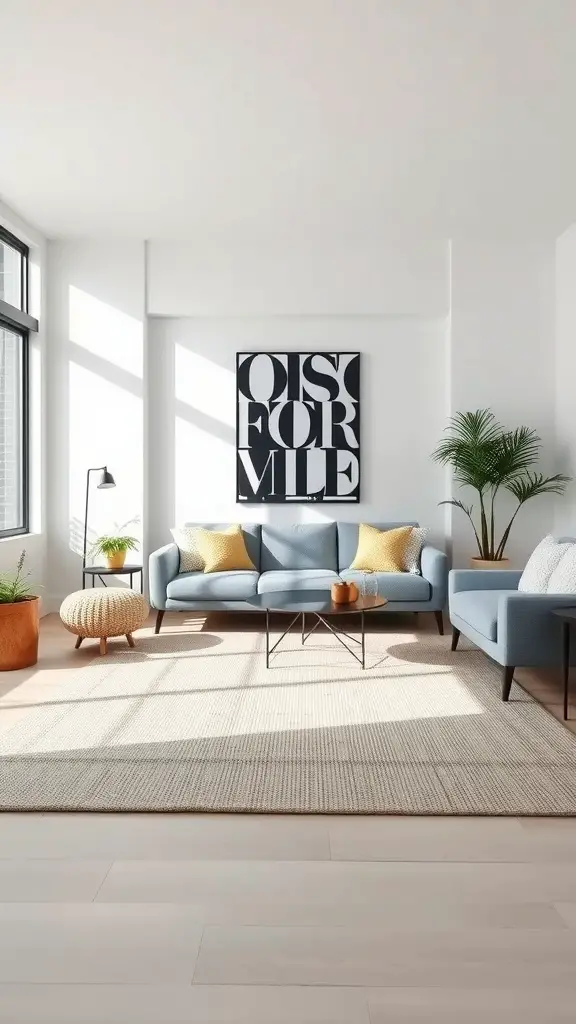15 Minimalist Living Room Ideas for a Stylish Space 14 Minimalist living room featuring a light rug under a coffee table, blue sofas, and plants