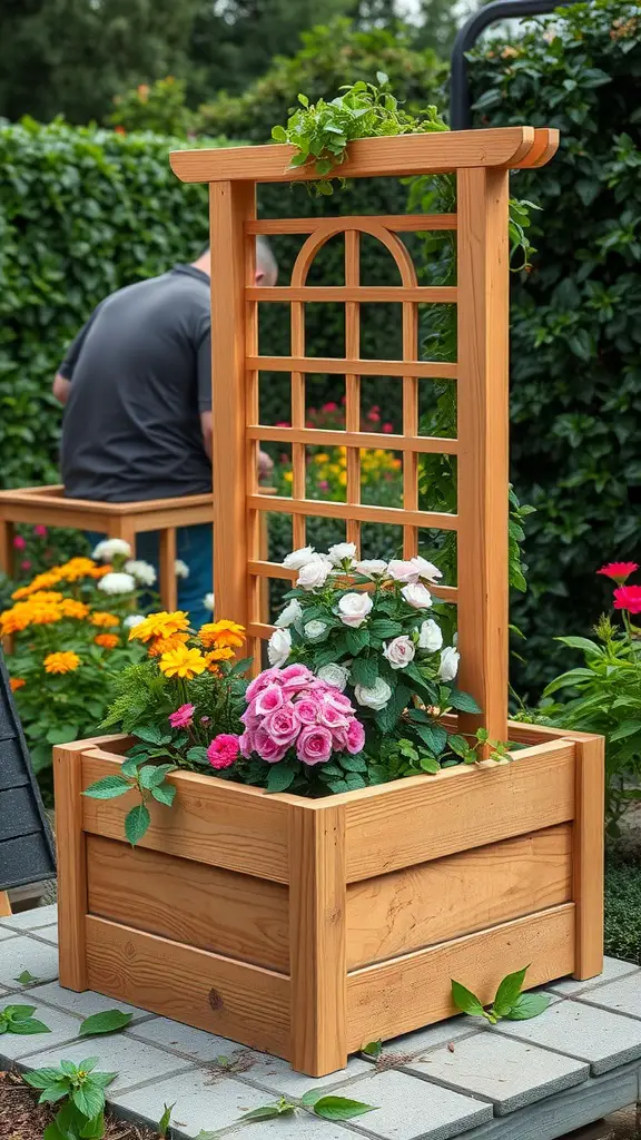 17 Creative Cedar Planter Box Ideas for Your Garden 8 A rustic cedar planter box with a trellis, filled with colorful flowers in a garden setting.