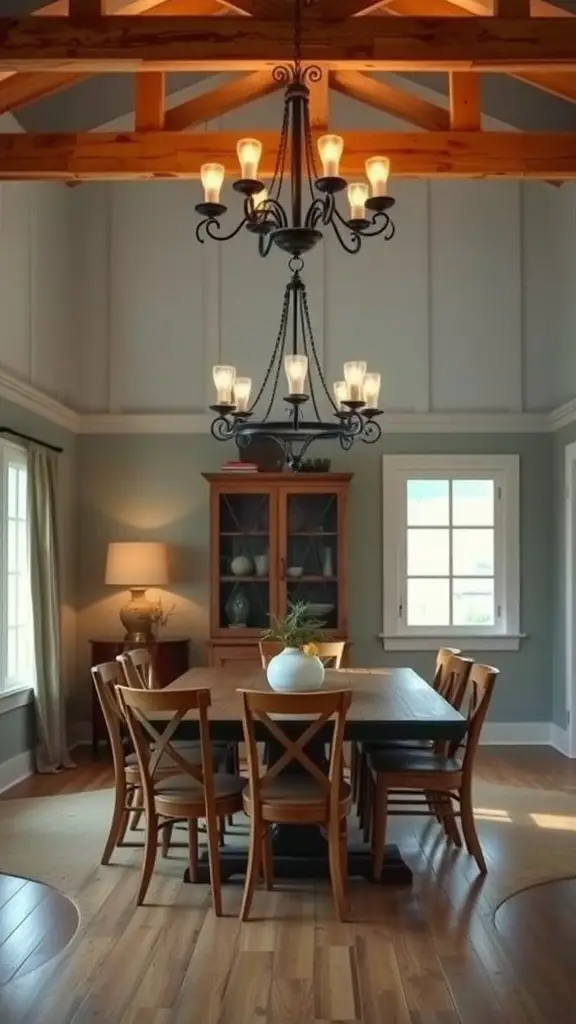 13 Stunning Dining Room Lighting Ideas to Transform Your Space 2 A rustic chandelier hanging in a cozy dining room with wooden beams and a dining table.