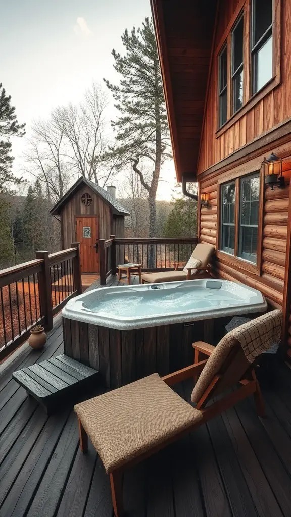 15 Inspiring Outdoor Jacuzzi Ideas for Your Backyard Retreat 4 A wooden deck featuring a jacuzzi with surrounding nature.