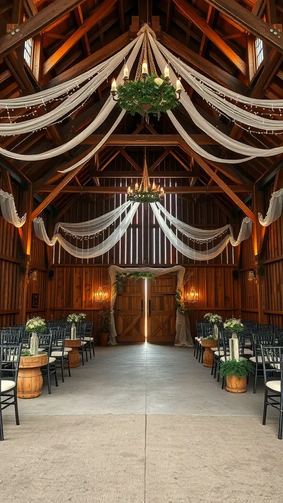 27 Enchanting Vintage Wedding Theme Ideas to Inspire Your Big Day 8 Interior of a rustic barn decorated for a wedding with draped fabric, chandeliers, and seating arrangements.