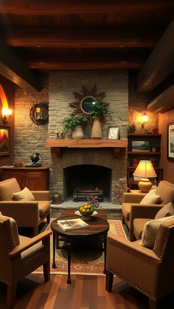 21 Cozy Basement Ideas for a Warm and Inviting Space 8 Cozy rustic fireplace lounge with stone fireplace, wooden beams, and comfortable seating.