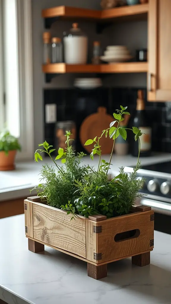 17 Creative Plant Stand Ideas to Elevate Your Greenery 9 A rustic wooden crate plant stand with various herbs and plants on a kitchen counter.