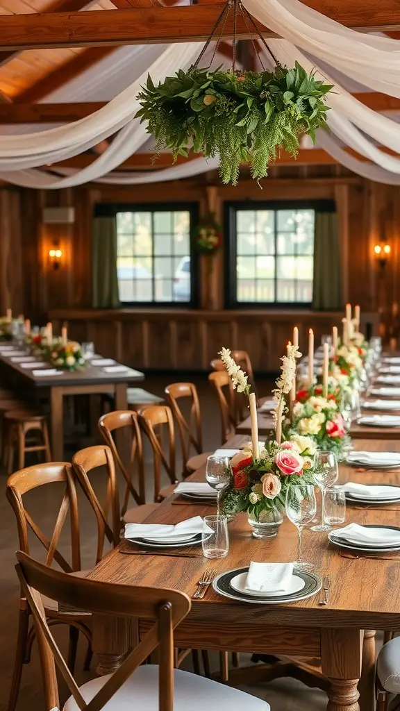 27 Creative Wedding Shower Theme Ideas You’ll Love 2 A beautifully arranged rustic wedding shower setting with wooden tables, floral centerpieces, and soft candlelight.
