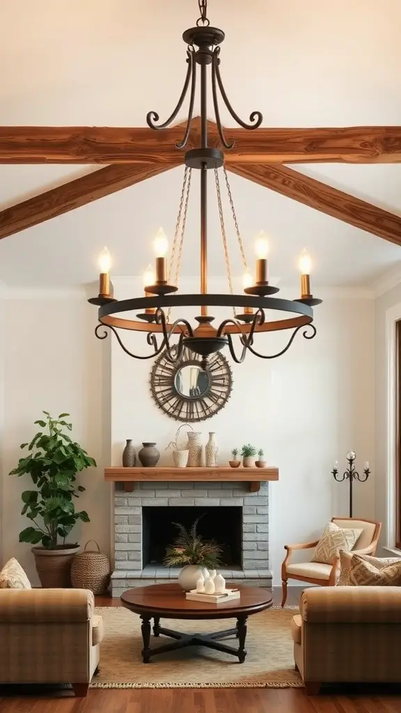 15 Stunning Ceiling Light Ideas to Brighten Your Home 4 A rustic farmhouse chandelier hanging from a wooden ceiling in a cozy living room