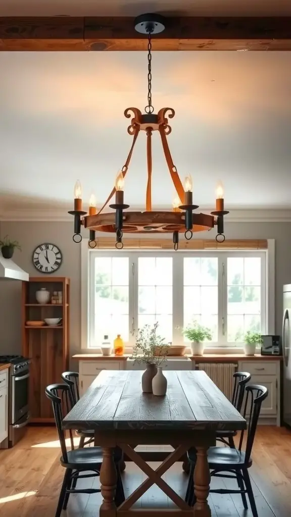 19 Stunning Kitchen Ceiling Light Ideas You’ll Love 2 Rustic farmhouse chandelier hanging over a wooden dining table in a bright kitchen