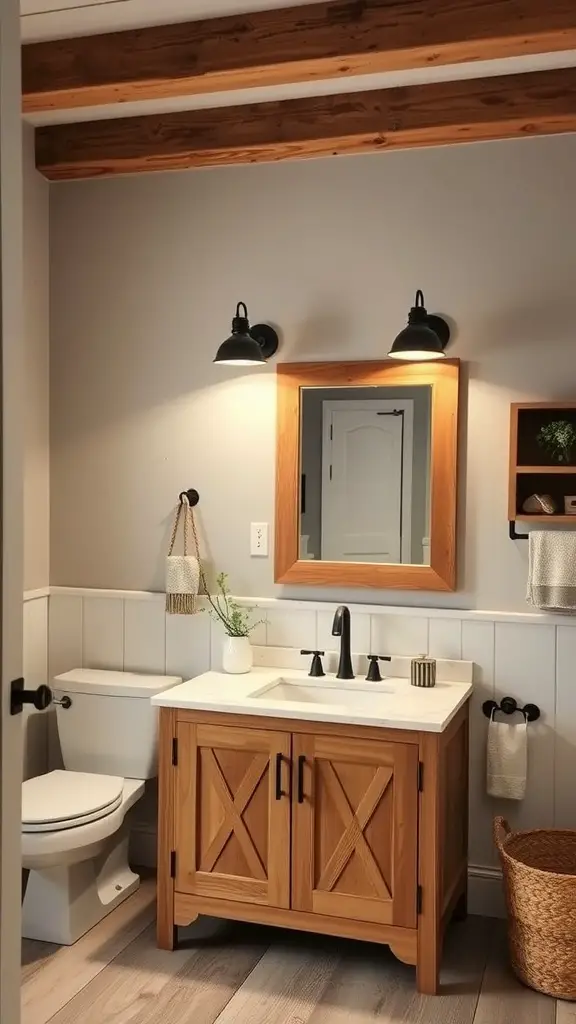 15 Stunning Bathroom Vanity Light Ideas for Every Style 10 A rustic farmhouse bathroom featuring a natural wood vanity, black sconces, and a minimalistic design.