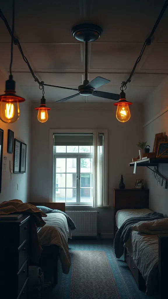 19 Cozy Earthy Dorm Room Ideas to Create Your Peaceful Retreat 4 A cozy dorm room with rustic lighting fixtures hanging from the ceiling, creating a warm atmosphere.