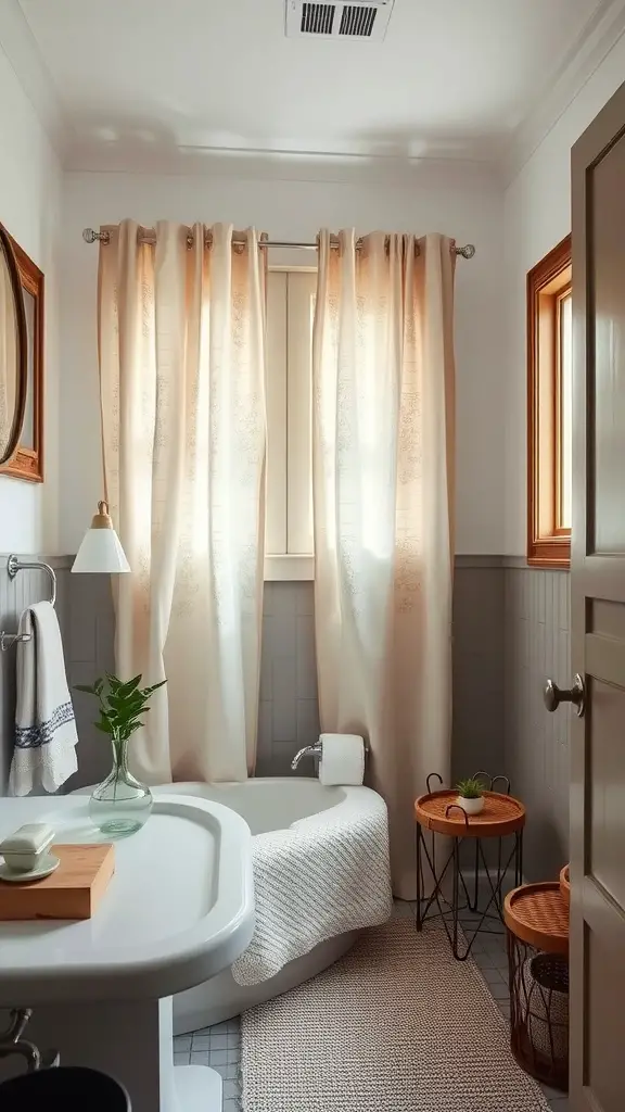 17 Charming Cafe Curtain Ideas for Your Bathroom Style 5 A cozy bathroom featuring rustic linen curtains, wooden accents, and a serene atmosphere.