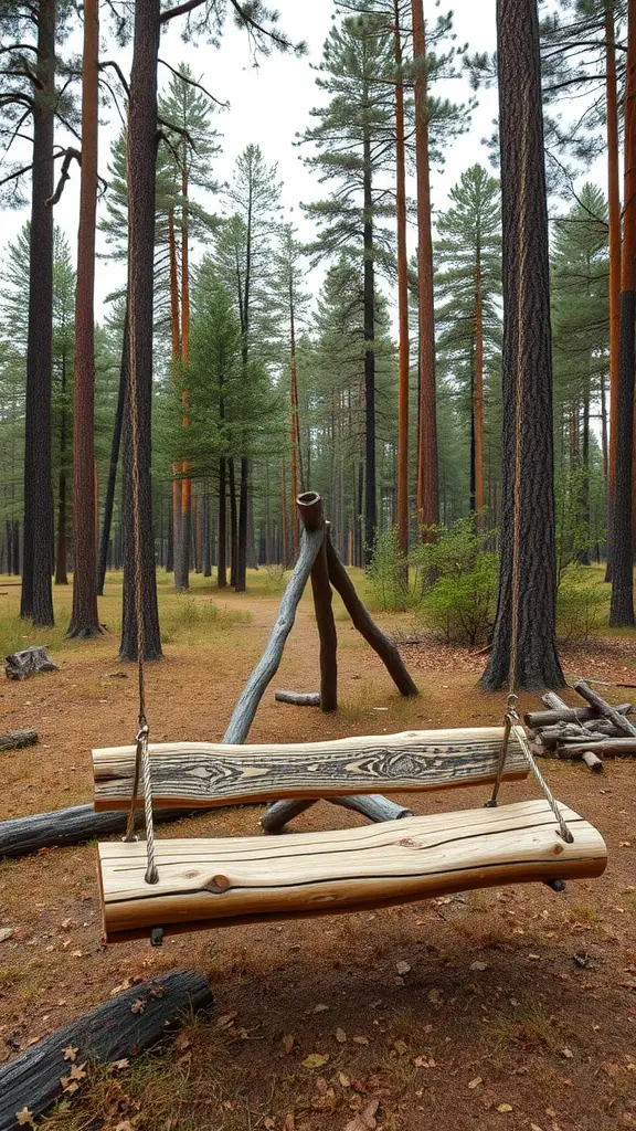 27 Creative Outdoor Swing Ideas for Your Backyard Bliss 6 A rustic log swing hanging in a forest with tall pine trees.