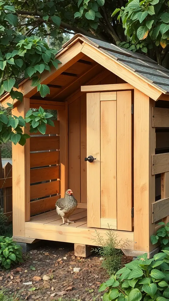 21 Creative Pallet Chicken Coop Ideas You’ll Love 9 A rustic pallet chicken coop design with a sloped roof and a chicken standing at the entrance, surrounded by greenery.