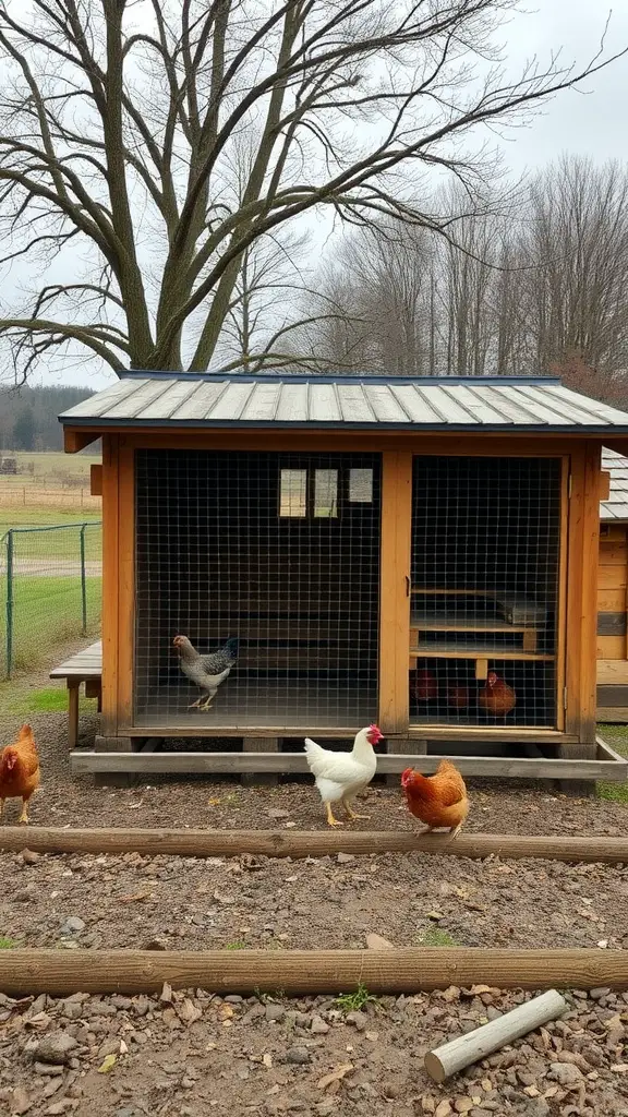 19 Creative Pallet Chicken Coop Ideas You’ll Love 7 A rustic pallet chicken coop with a run, featuring several chickens outside.