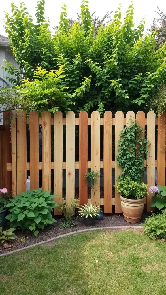 21 Creative Backyard Privacy Ideas to Keep Neighbors at Bay 12 A rustic pallet fence with green plants and flowers in a backyard setting.