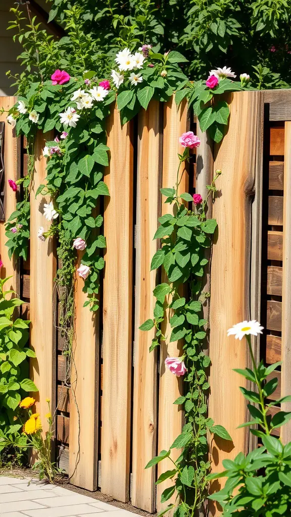 15 Creative DIY Privacy Fence Ideas for Your Backyard 9 A rustic pallet wood fence adorned with colorful flowers and greenery.