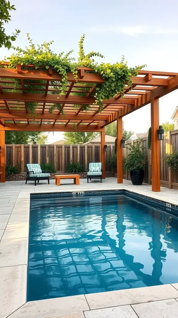13 Creative Stock Tank Pool Ideas for Your Backyard 2 A rustic wooden pergola with climbing plants providing shade over a stock tank pool