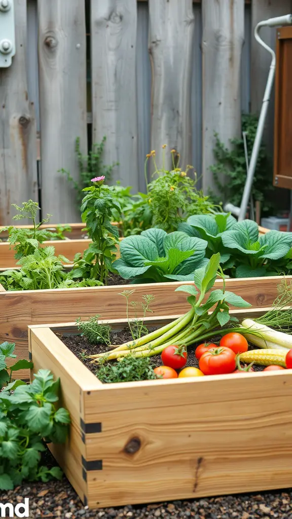 25 Garden Inspiration Ideas to Transform Your Outdoor Space 8 A rustic raised garden bed filled with vegetables and herbs, showcasing tomatoes, zucchini, and fresh greenery.