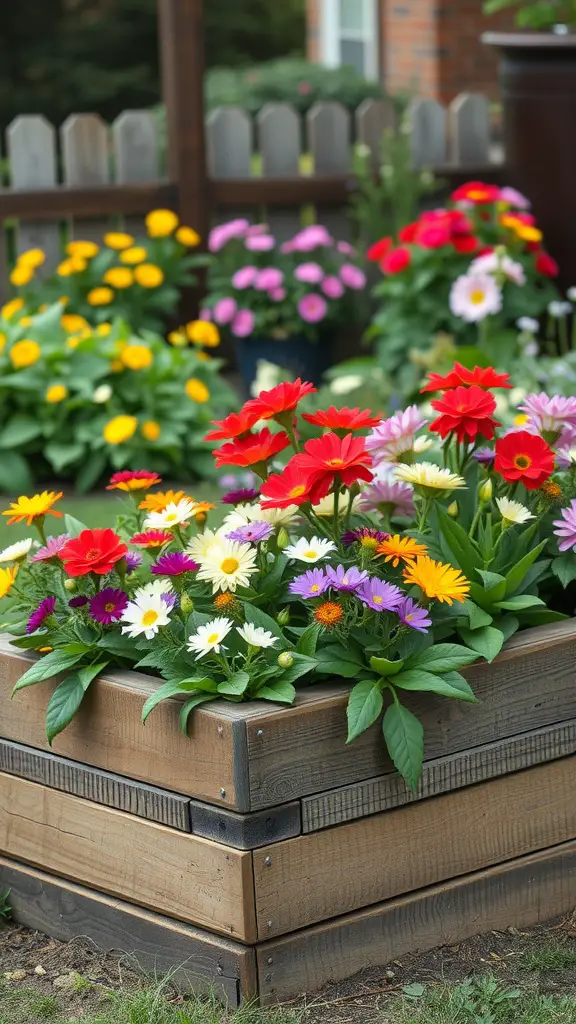 A rustic raised wooden planter filled with colorful flowers in a backyard setting.