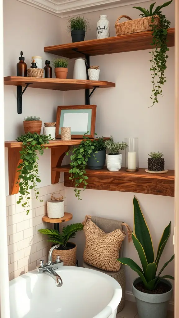 17 Cozy Bathroom Ideas for a Relaxing Retreat 12 Cozy bathroom with rustic wooden shelves displaying plants and decor items