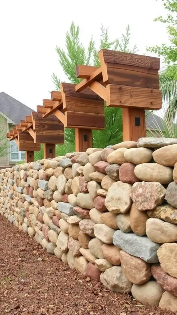 23 Stunning Gabion Retaining Wall Ideas for Your Landscape 6 A rustic gabion retaining wall made of smooth stones topped with wooden structures.
