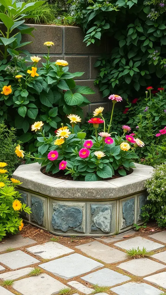 15 Beautiful Corner Flower Bed Ideas for Your Garden 4 A rustic stone flower bed filled with colorful flowers in a garden setting.