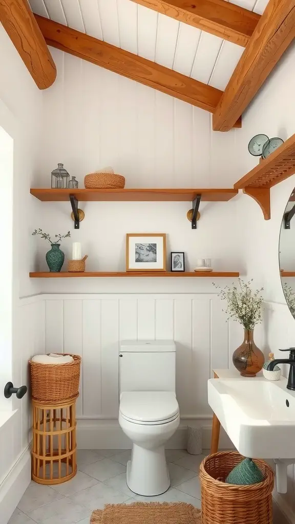 25 Charming Cottage Style Bathroom Ideas to Inspire Your Next Renovation 4 A cozy bathroom featuring rustic wood accents with warm wooden beams and decorative shelves.