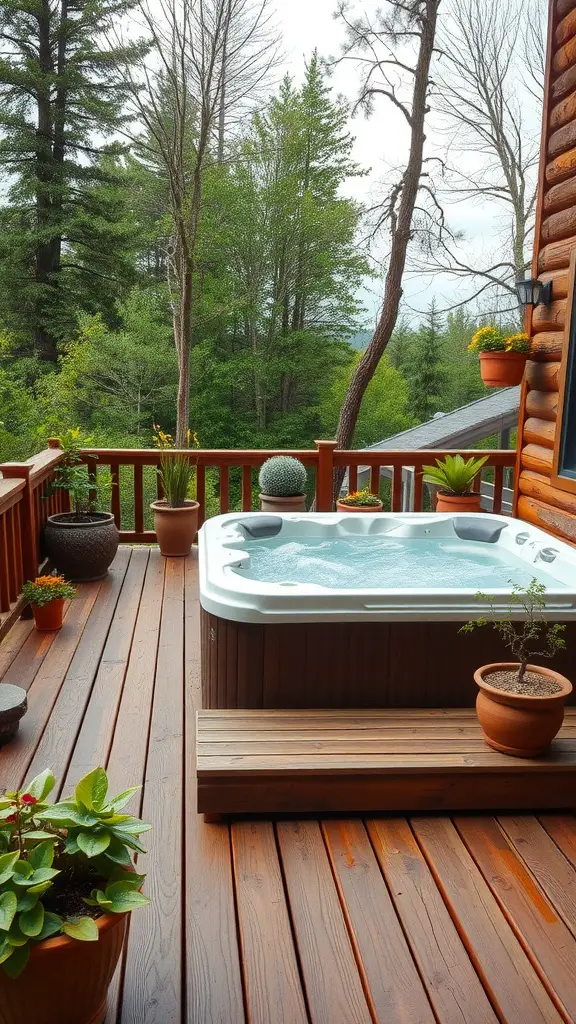 A rustic wooden deck featuring a hot tub surrounded by potted plants and trees.