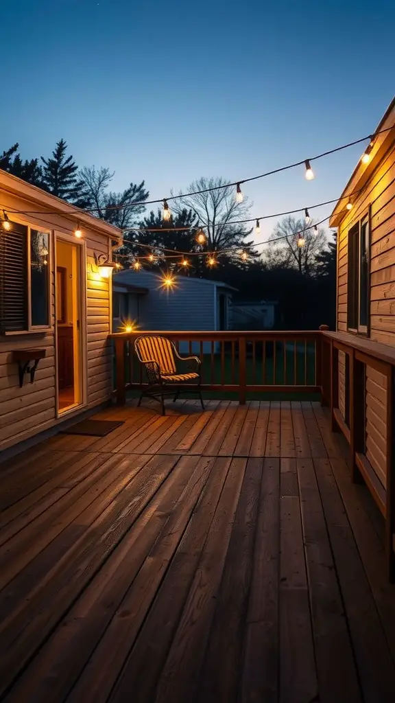 15 Creative Mobile Home Porch Ideas for a Cozy Outdoor Space 5 A rustic wood deck with string lights illuminating the space at dusk.